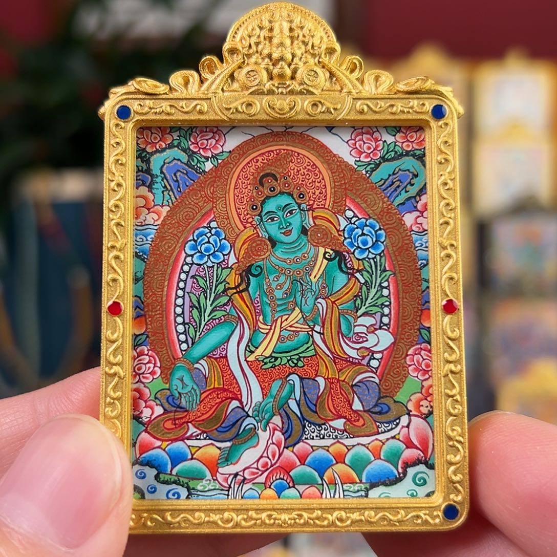 吊坠绿度母精工热贡纯手绘唐卡