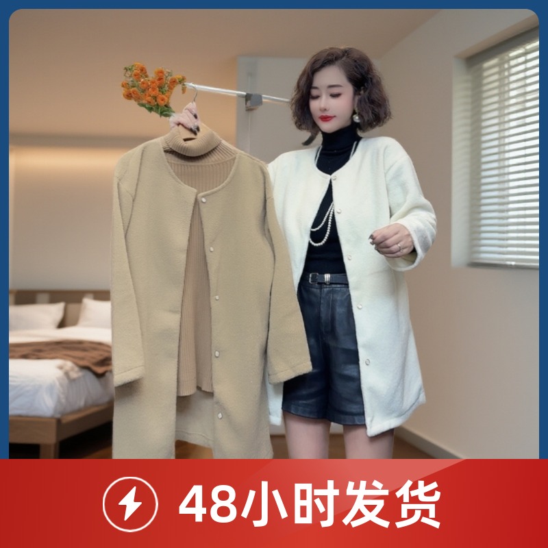 秋冬显瘦气质女加绒圆领长袖保暖大码针织开衫外套D25 102110
