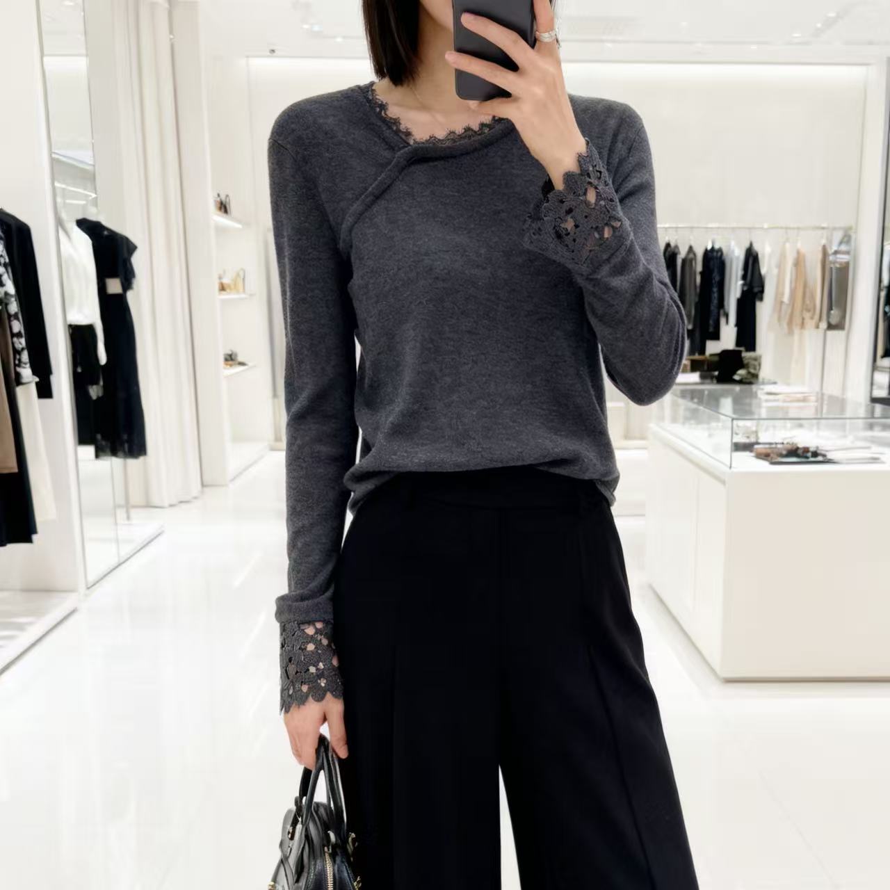 加厚超细羊毛！胸88-140长58蕾丝拼接设计套头针织上衣 4348