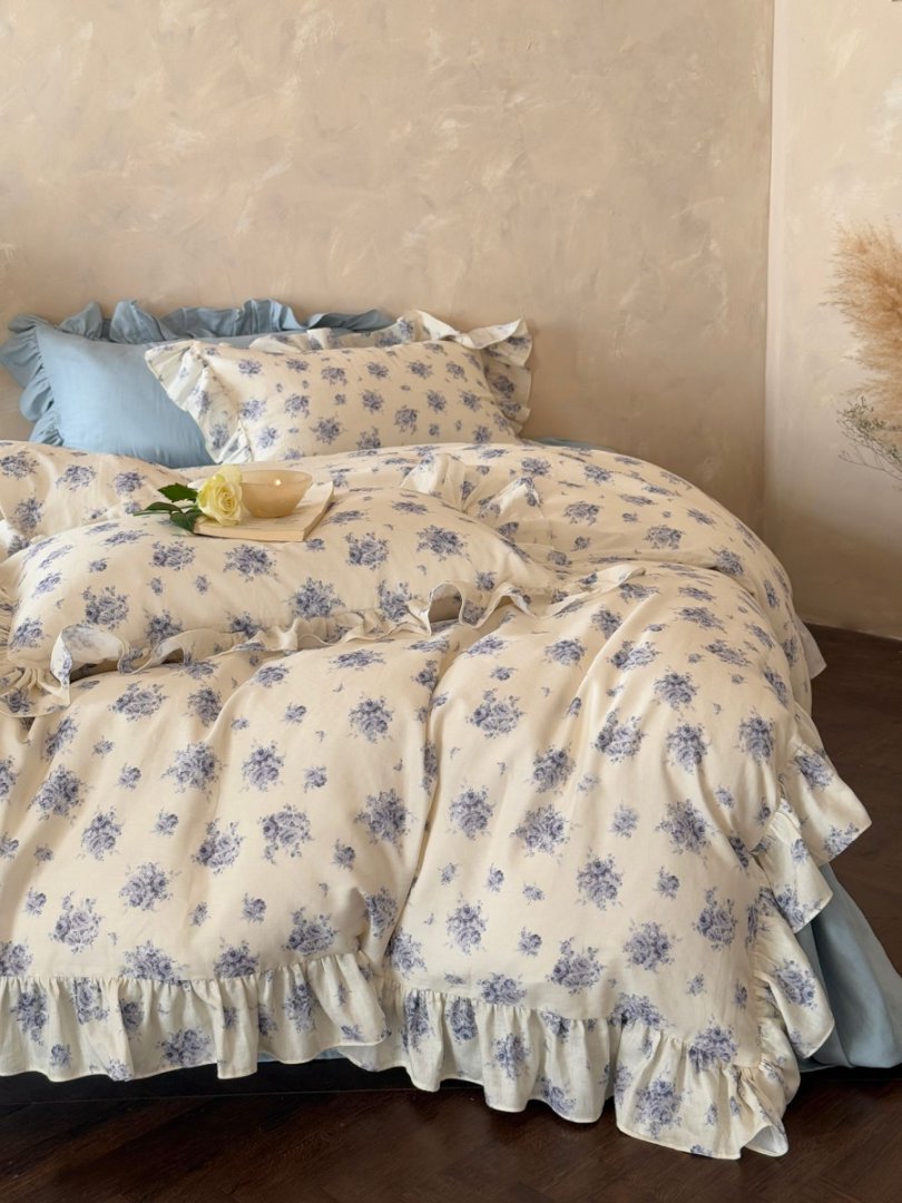 【冷萃冰蓝】蓝色是治愈的颜色 法式花边A类全棉双层纱花边款四件套