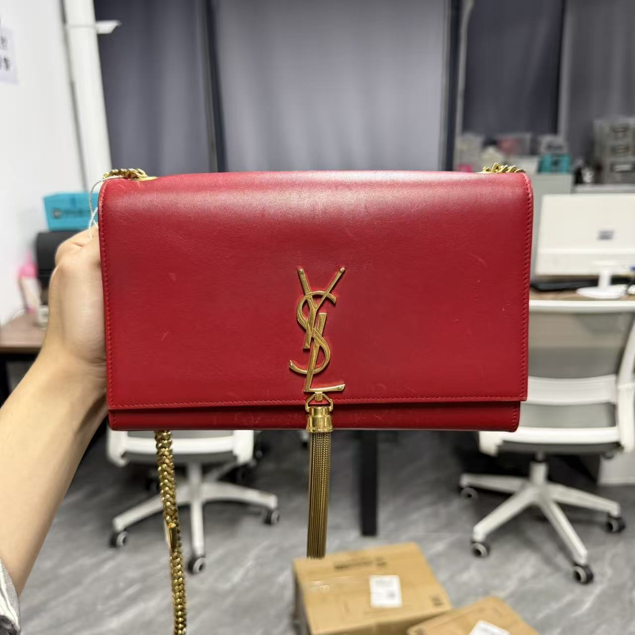 95新 YSL/圣罗兰 【安则专属】红金光面中号流苏链条包