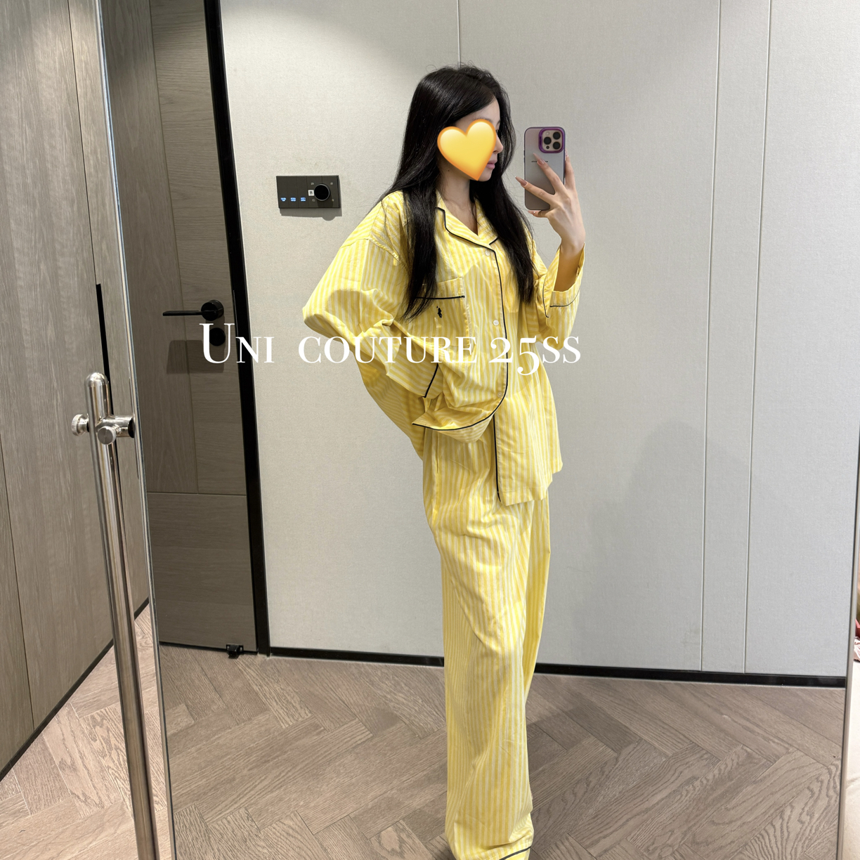 Uni|25ss 拉夫刺绣条纹发财黄纯棉睡衣套装