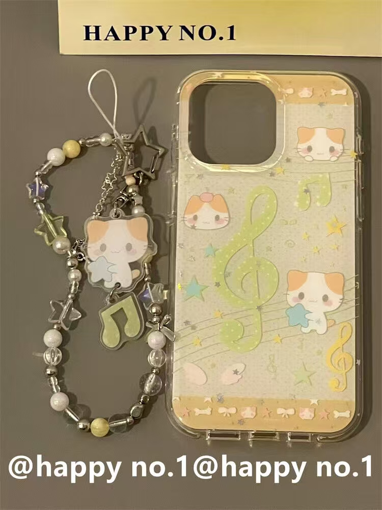 可爱绿色音符古早小猫圆边气囊适用苹果14iPhone13手机壳防摔
