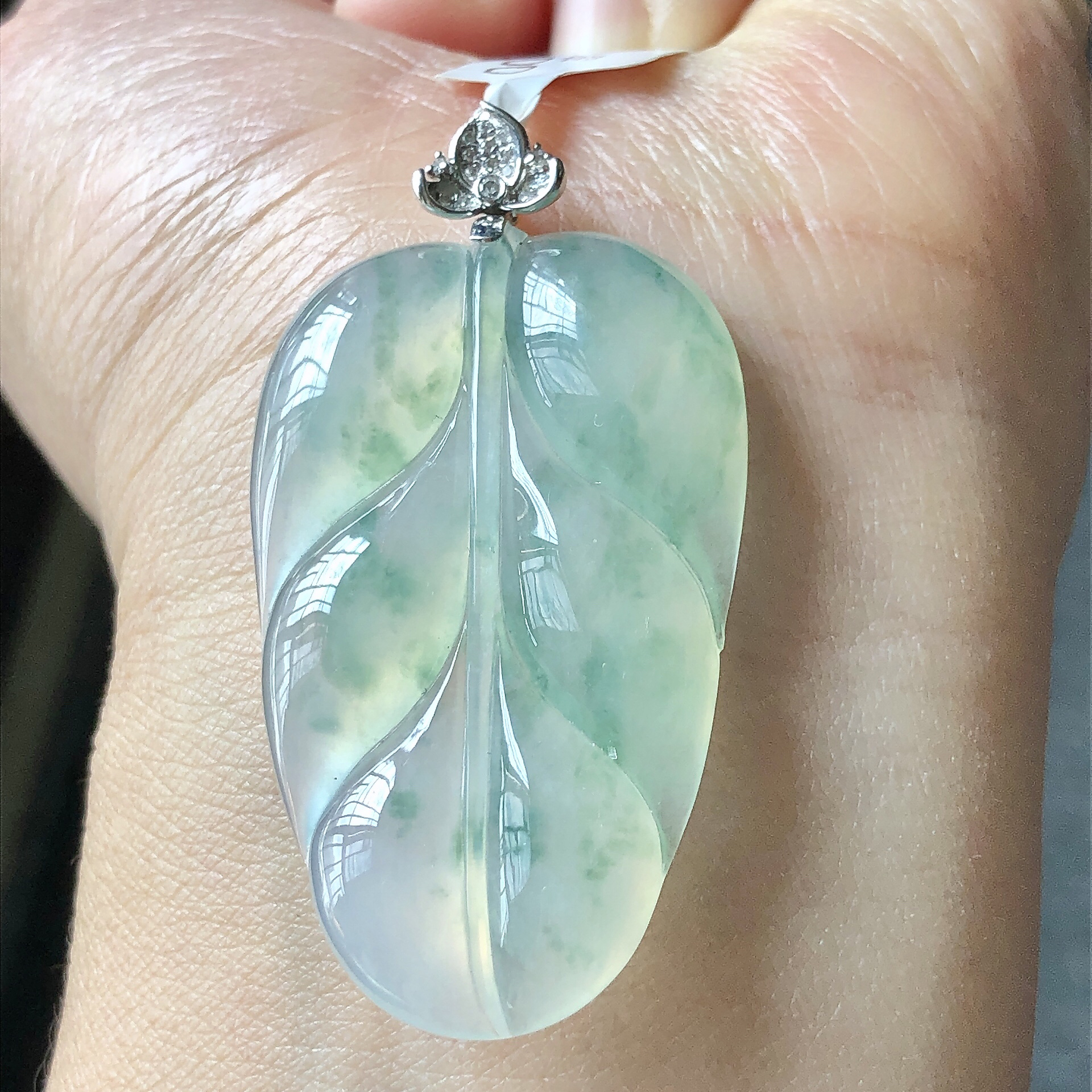 缅甸天然A货翡翠18k金镶嵌老坑冰种飘花金枝玉叶吊坠46.7/25.2/5