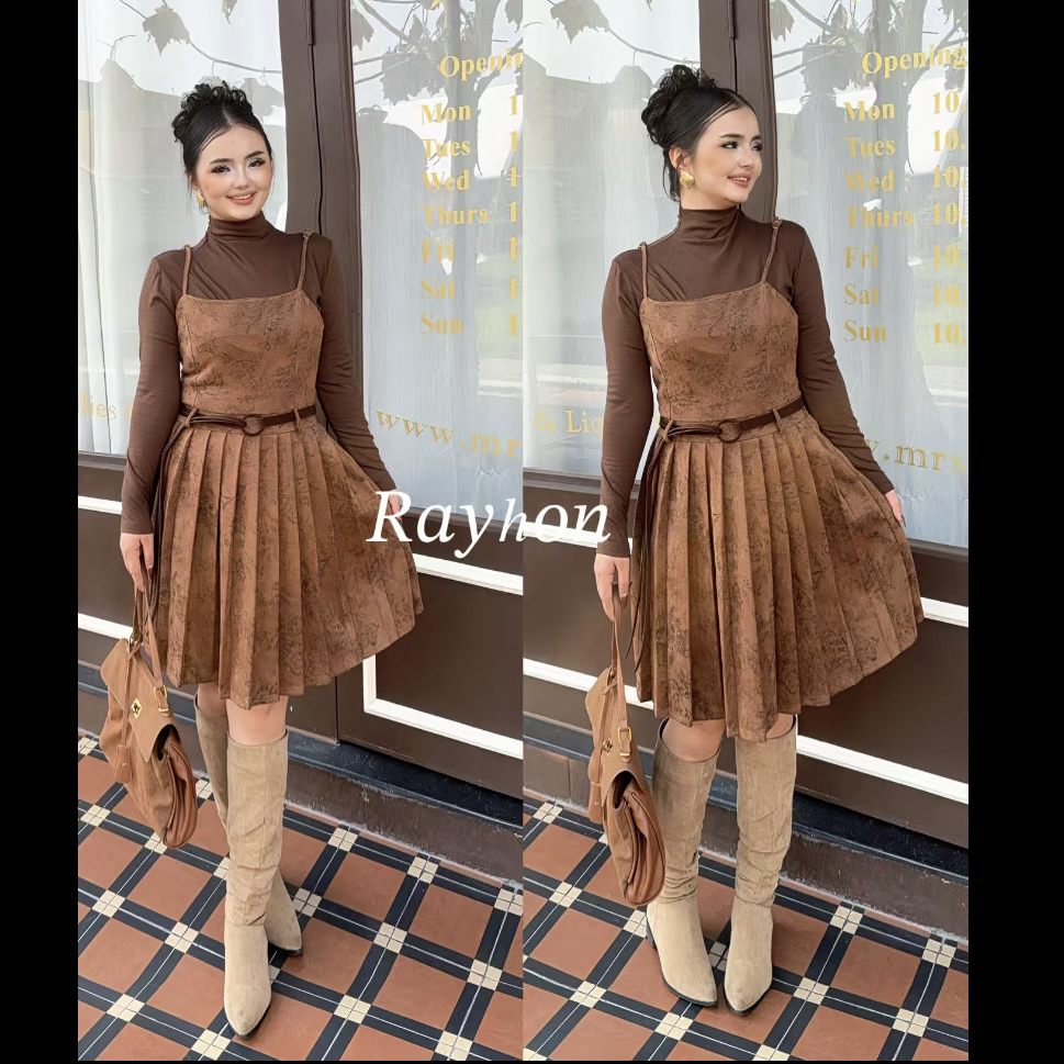 Rayhon法式复古美拉德高级感打底衫搭配碎花吊带百褶裙和皮带