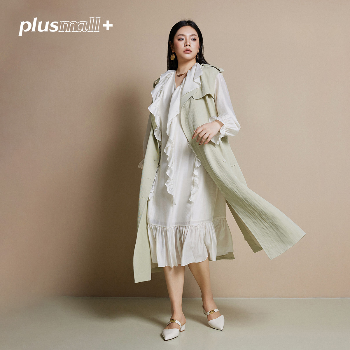 【折扣款】PLUSMALL 茉语香兰 TR混纺无袖风衣PM2502080