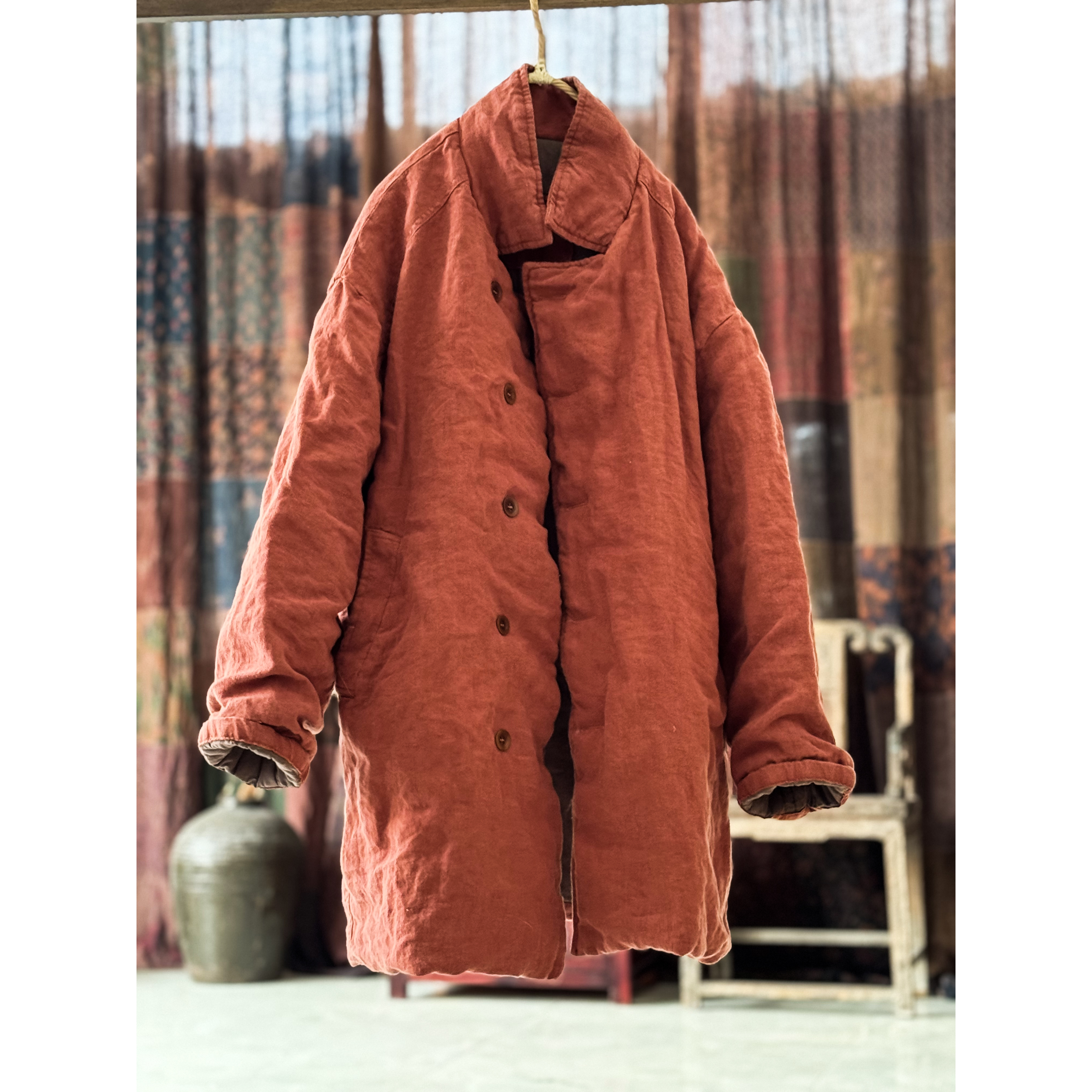 4402高品质砂洗中长款亚麻棉服 新年战袍情侣文艺宽松棉衣