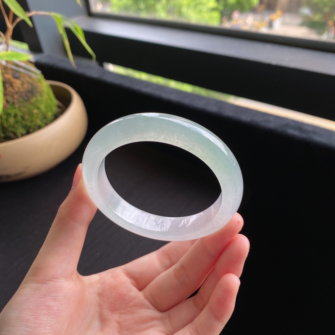 好色珠宝  圈口54缅甸老坑A货冰种晴水正圈女款翡翠手镯