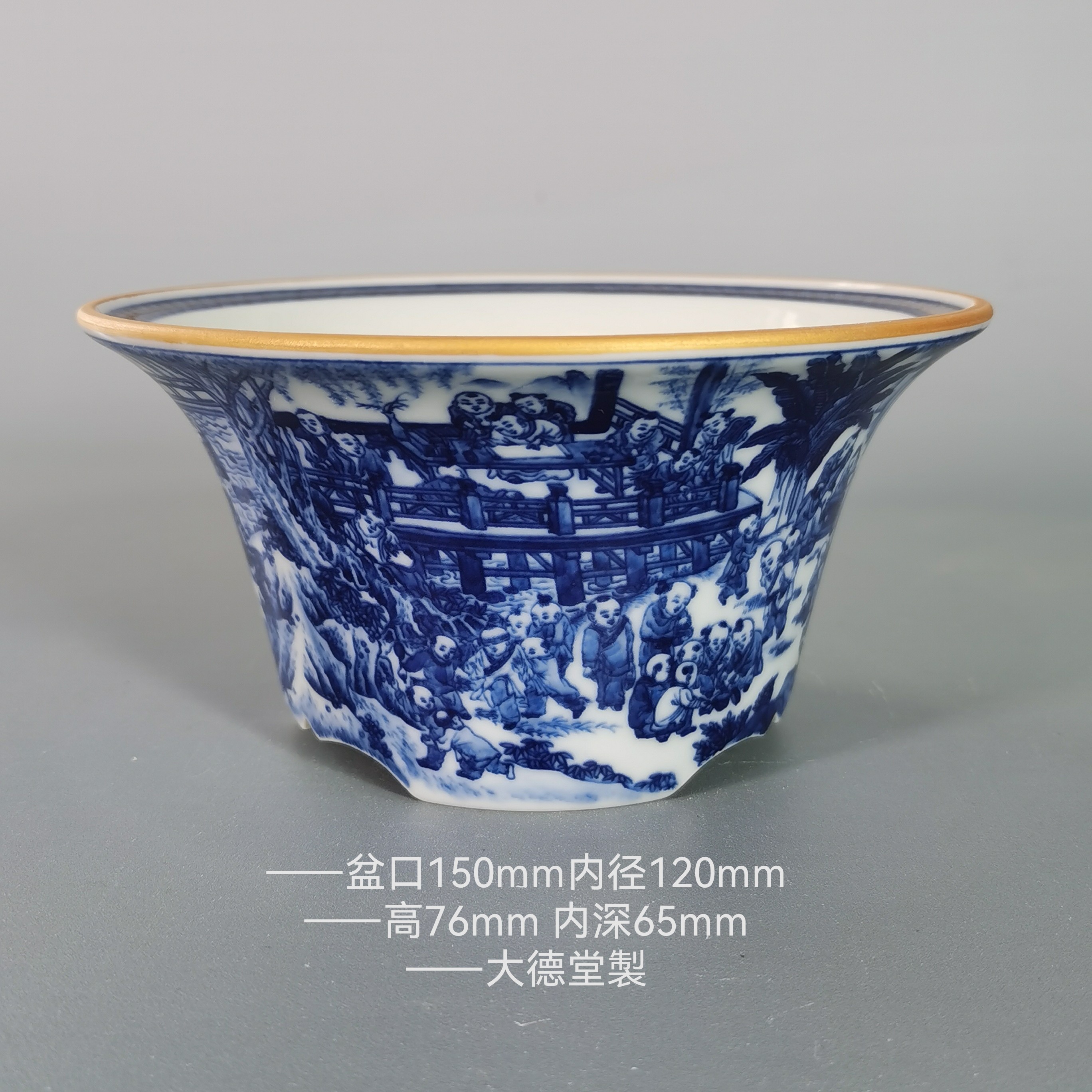 釉盆手工坯手绘青花仿古百子纹盆 盆景 园艺 绿植 茶生活