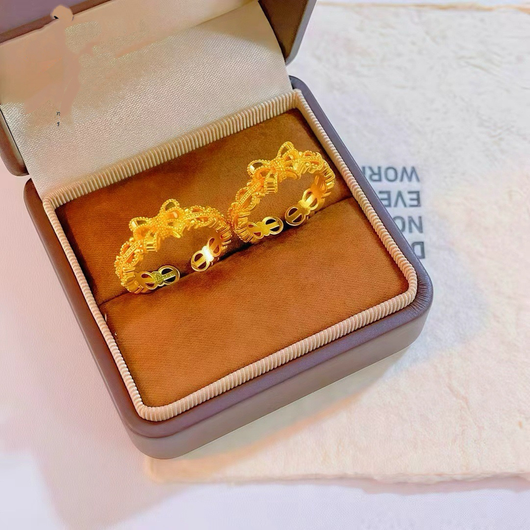 铜合金戒指 新款甜美公主蕾丝蝴蝶结戒指女款轻奢指环金色女款潮