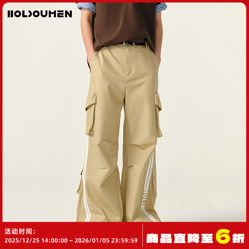 Holdoumen25夏季日常系列条纹织带刺绣打褶工装裤