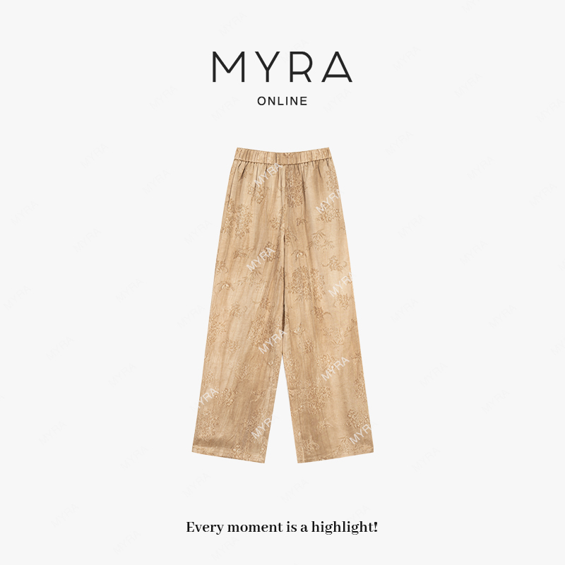 MYRA“兰葶”莱赛尔+亚麻暗纹提花直筒休闲长裤XMSC025344