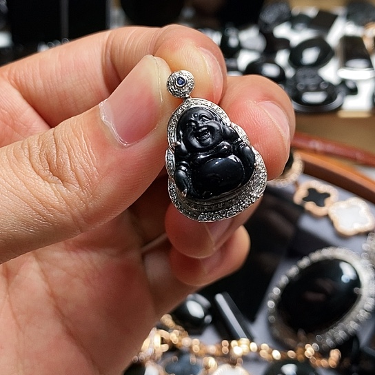 翡翠18K金镶嵌颈饰缅甸天然a货墨翠