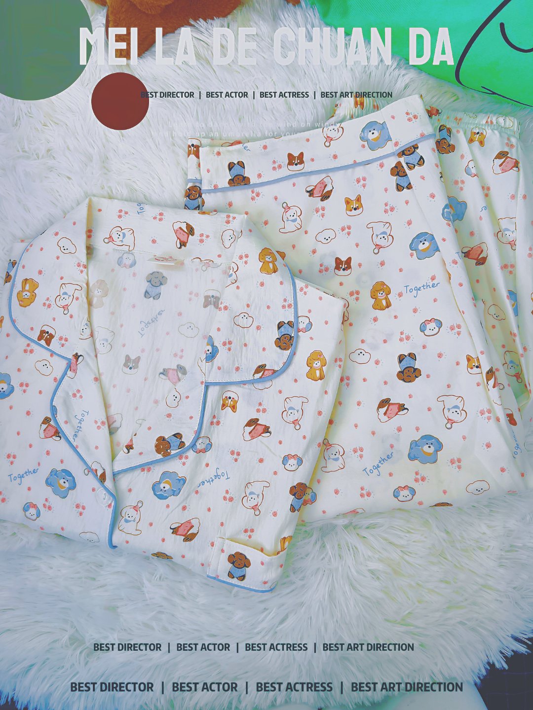 蓝色花花小狗250斤睡衣短袖短裤两件套三件套