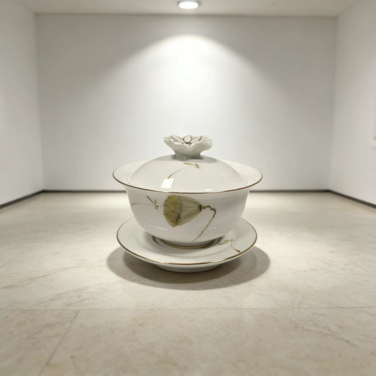 龙窑茶器  羊脂玉莲蓬三才盖碗  662  （直播）