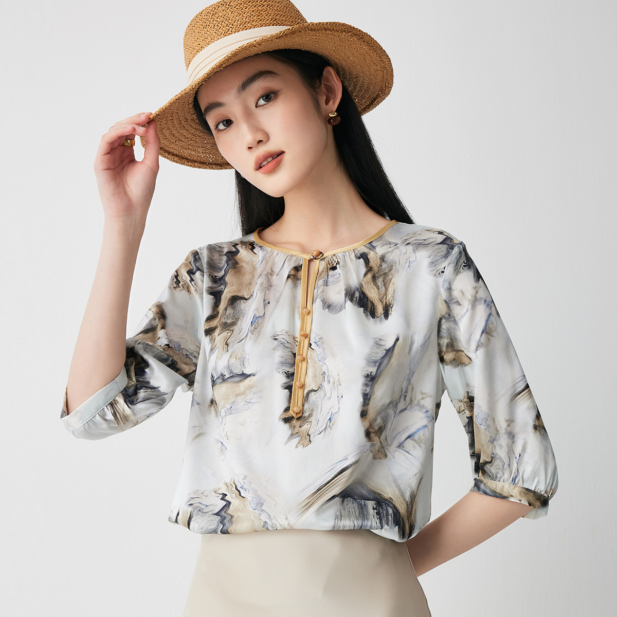 春夏圆领休闲百搭五分袖桑蚕丝上衣T恤女ES2F0876Z