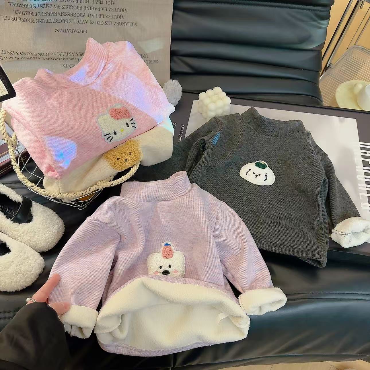  儿童秋冬新款羊毛蚕丝打底衫女宝男宝加绒加厚软糯高领上衣保暖