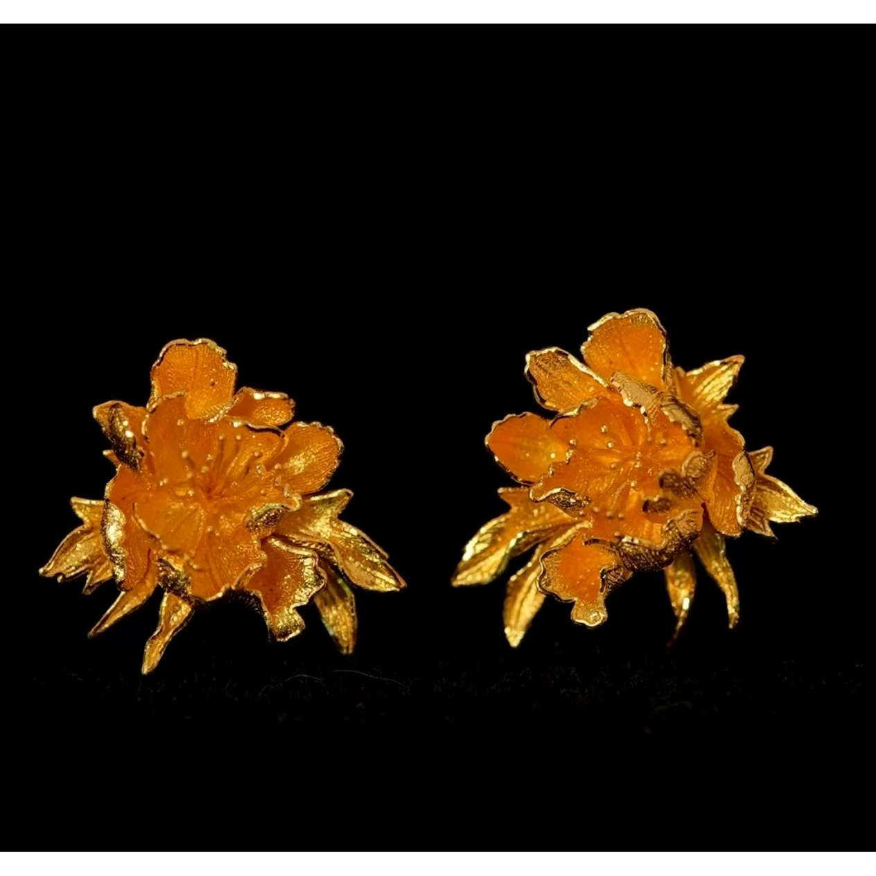 鳳喆古法錾刻工艺fz5-0051-5（小）牡丹婚嫁五金国风耳钉足金999