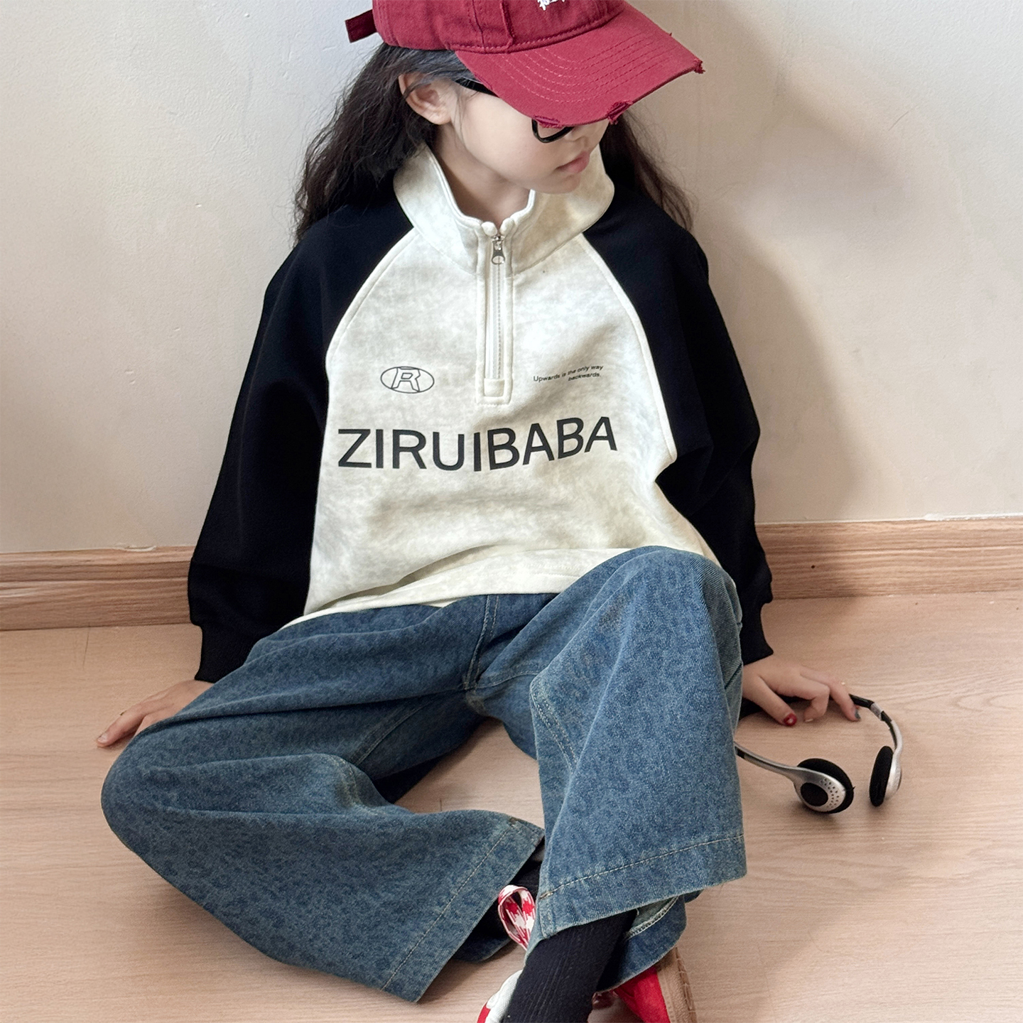 儿童美式拼接卫衣2025新款女童冬装洋气长袖衣服女孩时髦立领上衣