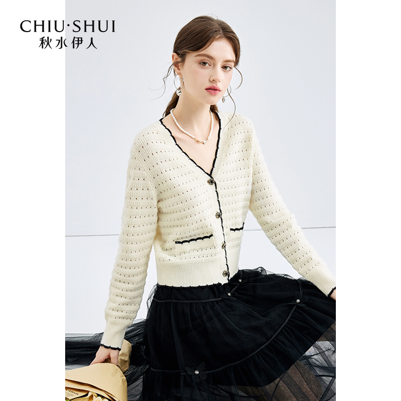 秋水伊人气质小香风V领针织开衫2024年春季新款女装简约经典上衣
