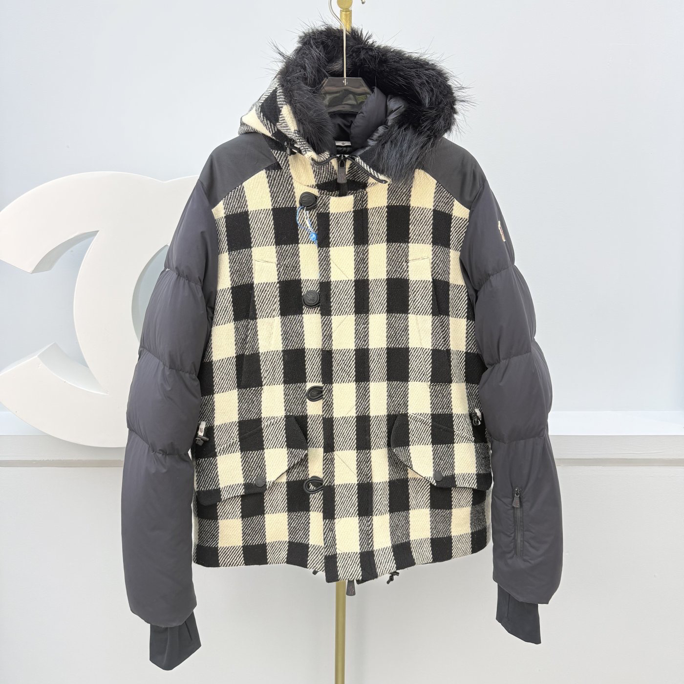 99新 MONCLER 千鸟格毛领羽绒服A3101尺码5胸围59衣长72