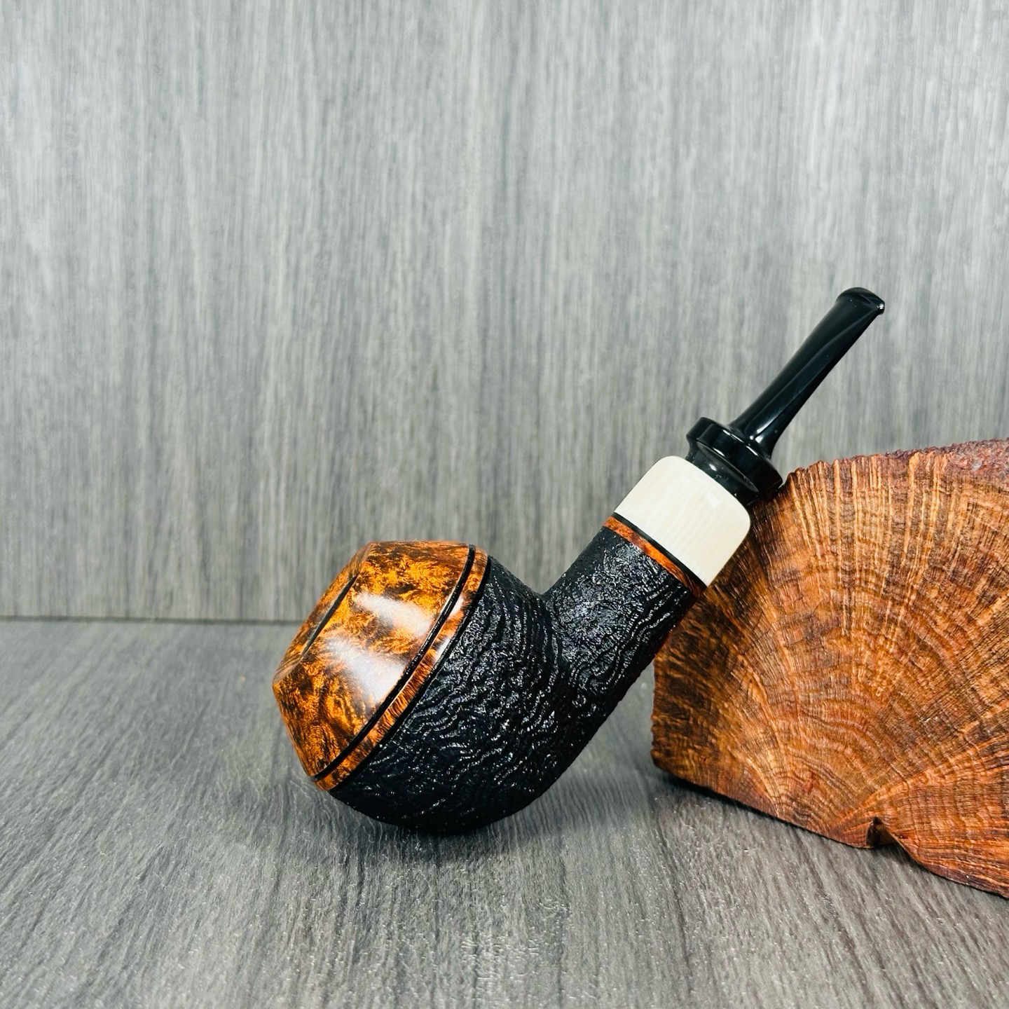 中国斗师牛伟手工石楠木烟斗黑喷砂胖牛头直斗