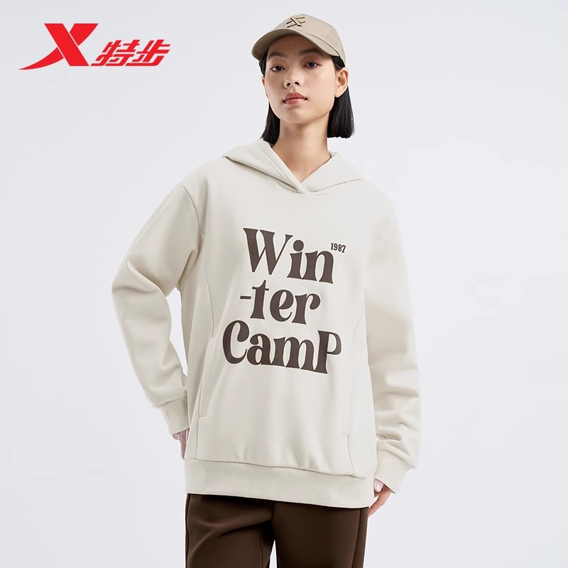 特步连帽卫衣女款加绒保暖运动卫衣冬季新款女子时尚百搭套头上衣