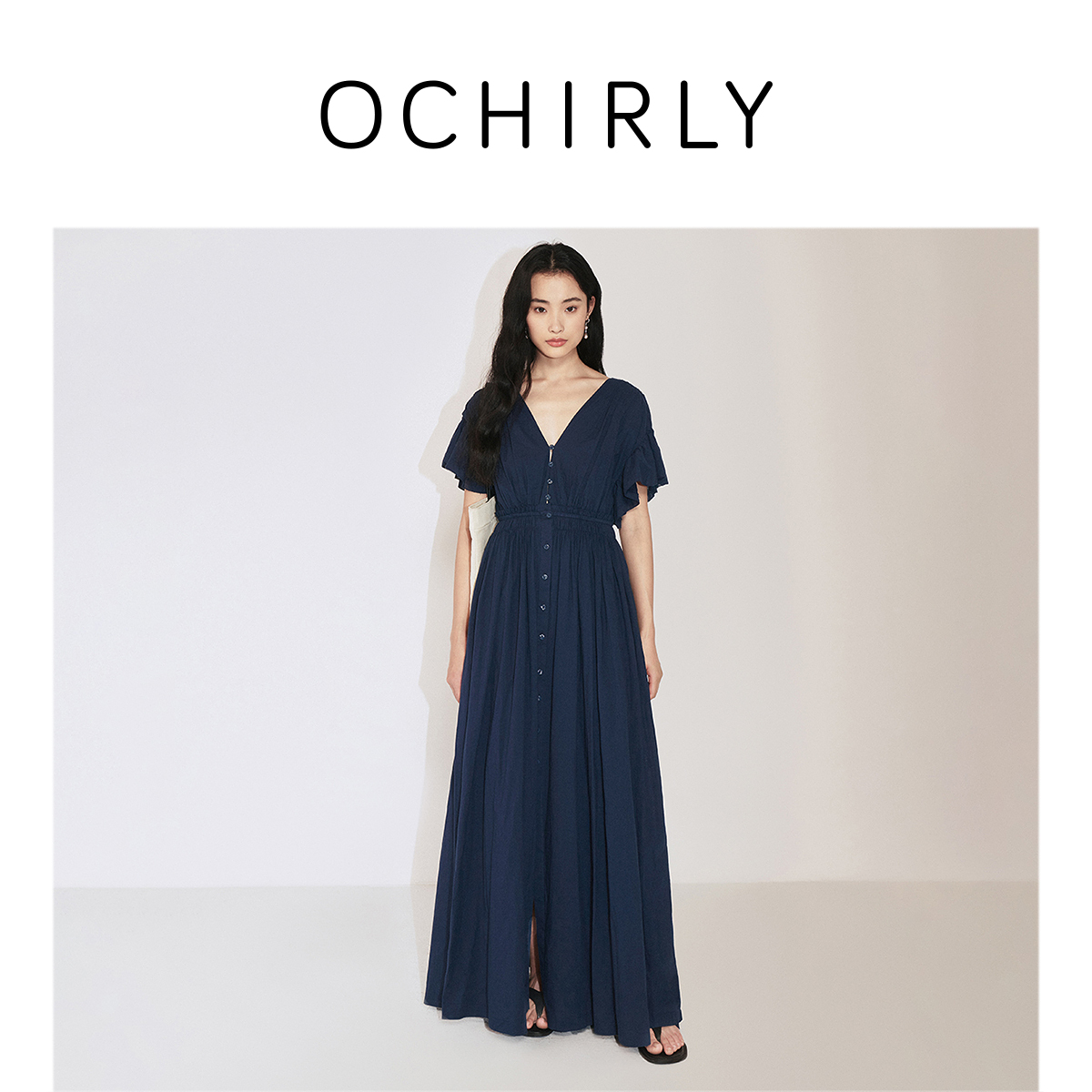 ochirly欧时力 进口纯棉A字连衣裙女荷叶袖气质法式2025夏季新款