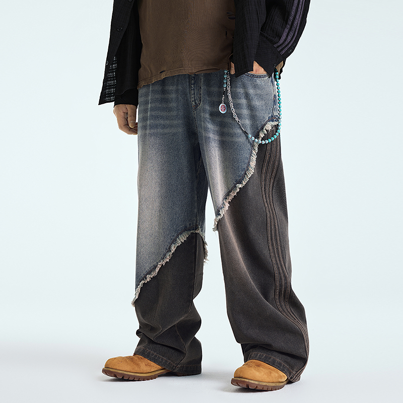 NMAX大码潮牌男装25年秋冬新品毛边拼接拖地牛仔裤直筒裤FNU002