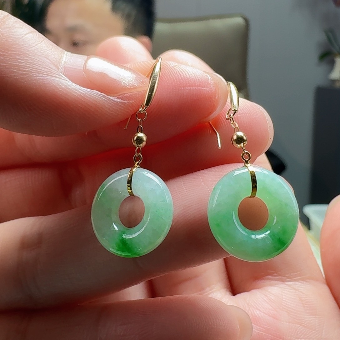 翡翠耳饰18K金镶嵌天然