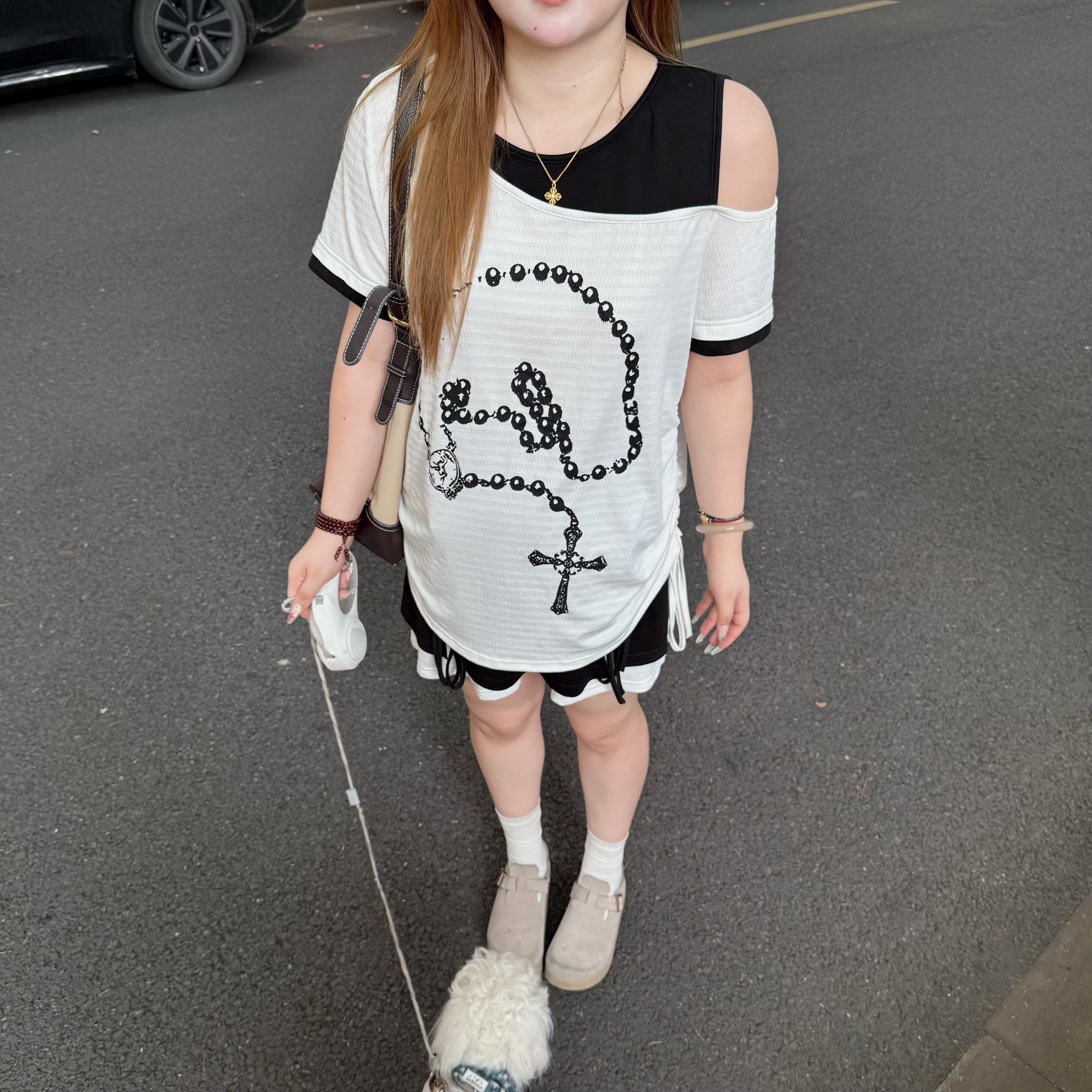 维维&南岛风特大码女装2025新款夏季微胖mm显瘦露肩短袖T恤ZWW721