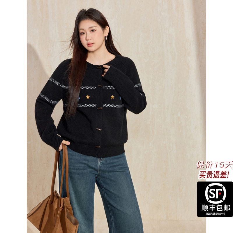 蓝语大码黑色圆领重工绣花毛衣冬季慵懒风宽松针织长袖外搭上衣女