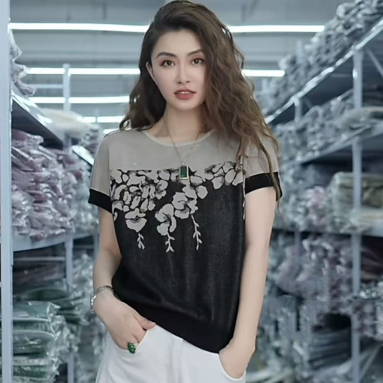 【例畔精选】夏季新款圆领提花拼色时尚百搭针织衫A610#