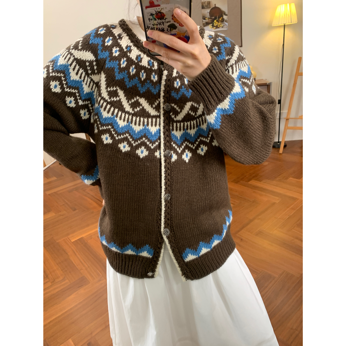 费尔岛复古提花加厚针织开衫女韩版秋冬新款慵懒宽松百搭毛衣外套