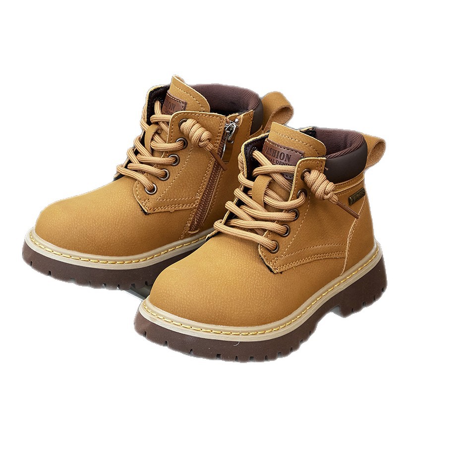 2025冬季新款时尚百搭儿童保暖小黄靴皮面马丁靴