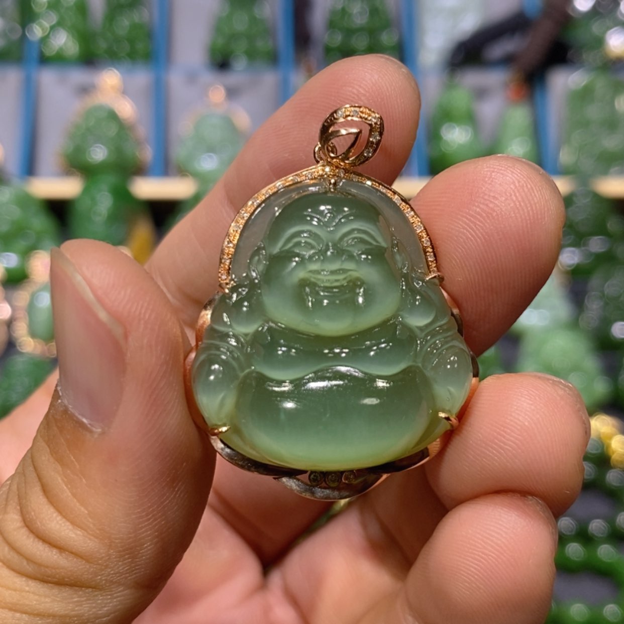 【闪购商品】和田玉吊坠(不含链)18K金镶嵌粉青猫眼佛公 29.5/12