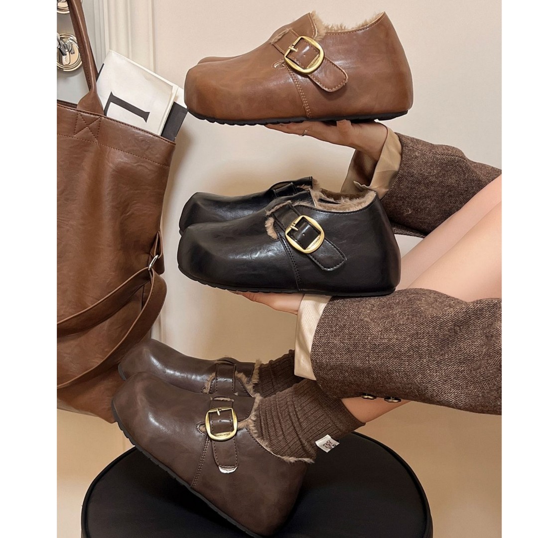 网红勃肯鞋女款皮面棉鞋2025冬季新款爆款百搭防滑加绒保暖豆豆鞋