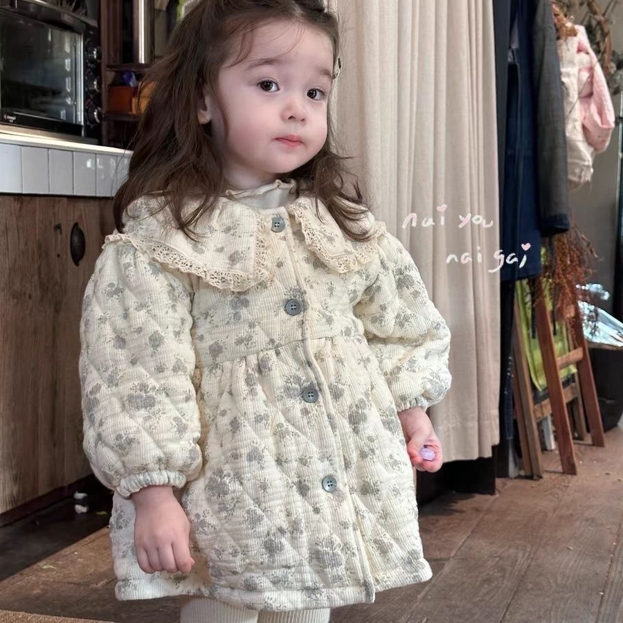 女童外套2025棉衣法式碎花蕾丝娃娃甜美加厚夹棉宝宝裙子棉服现货