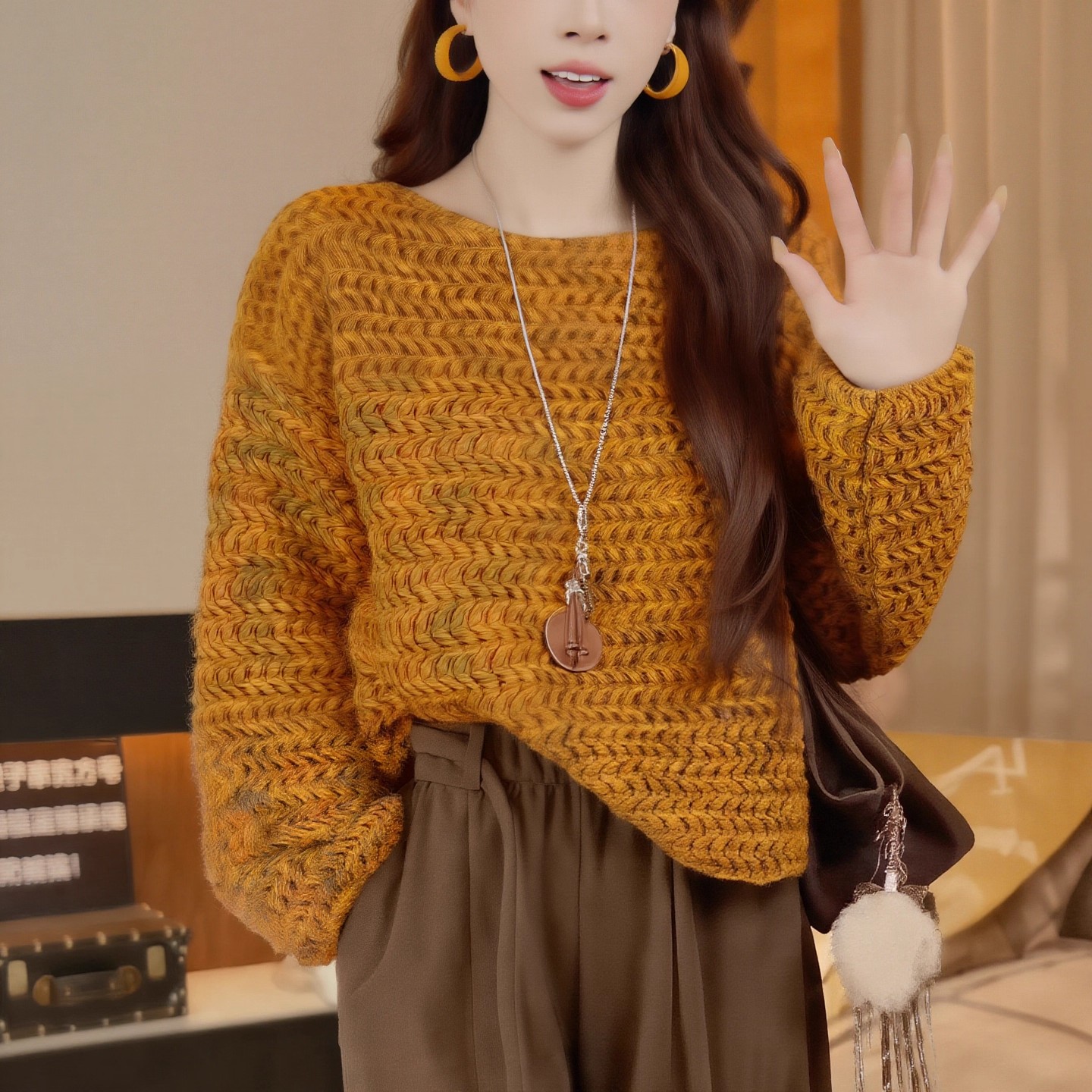 欧货秋冬复古慵懒风圆领长袖韩版毛衣女宽松小众时尚减龄针织衫