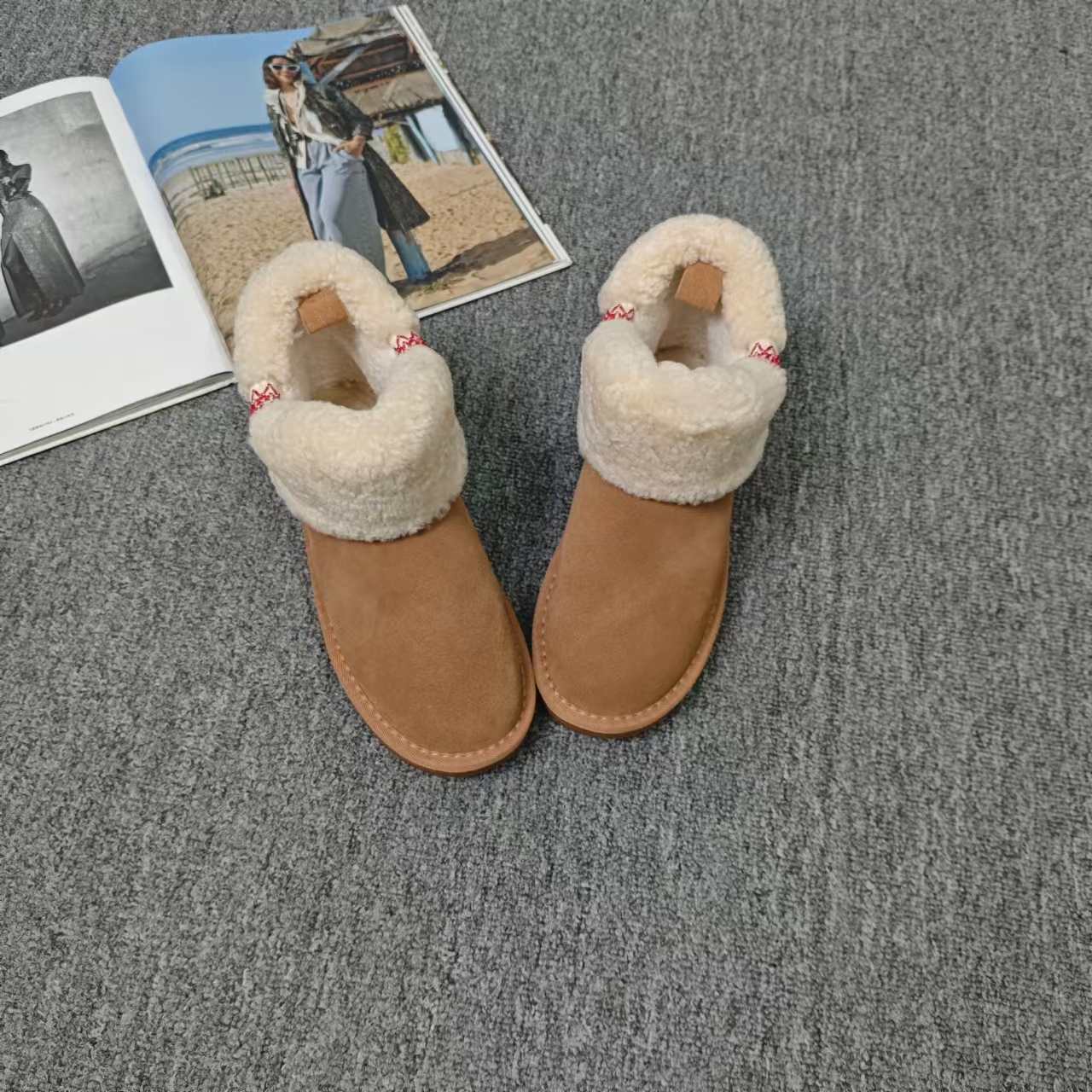 2147余小鱼  栗子色短靴翻毛穗带休闲百搭保暖冬季雪地靴女