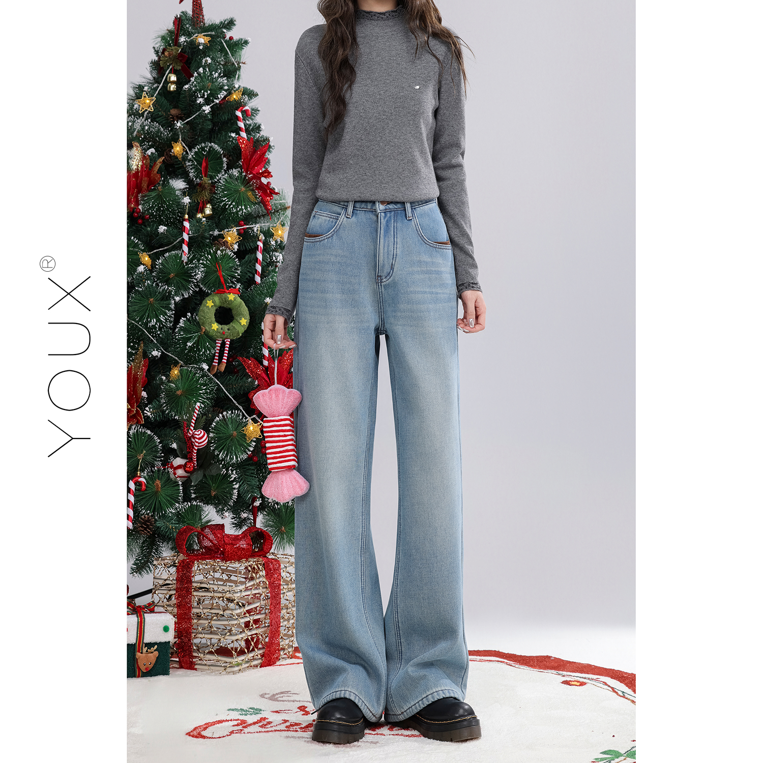 又巷【柔蓝松垂】复古蓝色保暖加绒牛仔裤女2025冬季新款休闲长裤