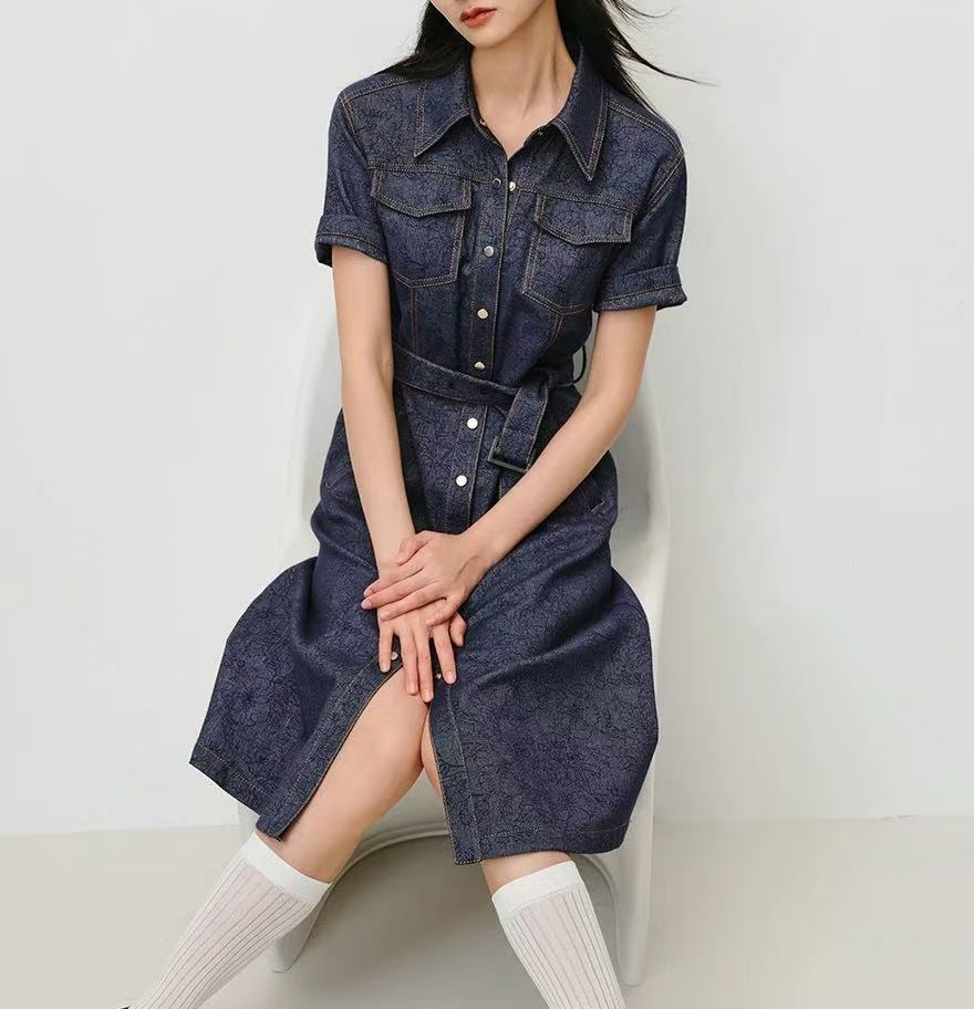 【雅】群长104，2025夏季新款提花工装衬衫掐腰裙牛仔连衣裙-1017