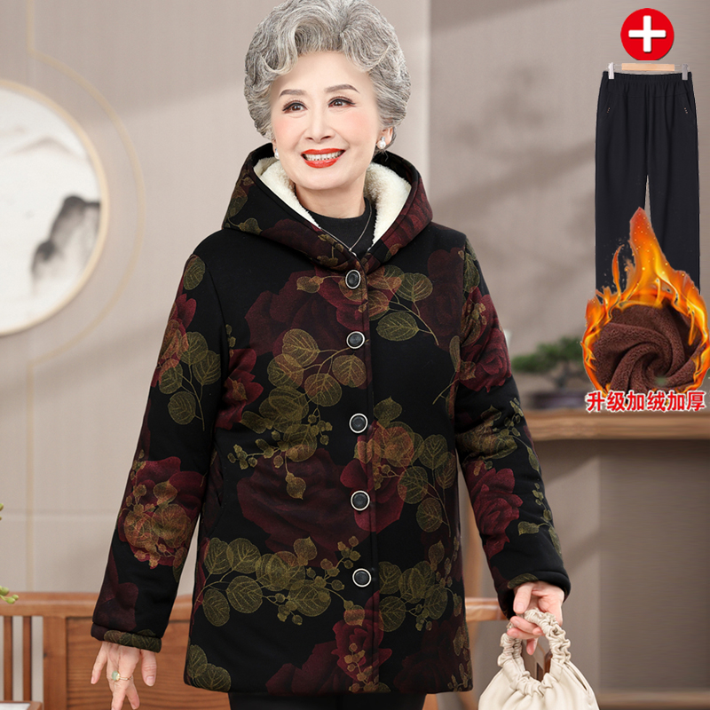 奶奶冬装棉衣女中老年人棉袄加绒加厚妈妈连帽棉服老人保暖中长款