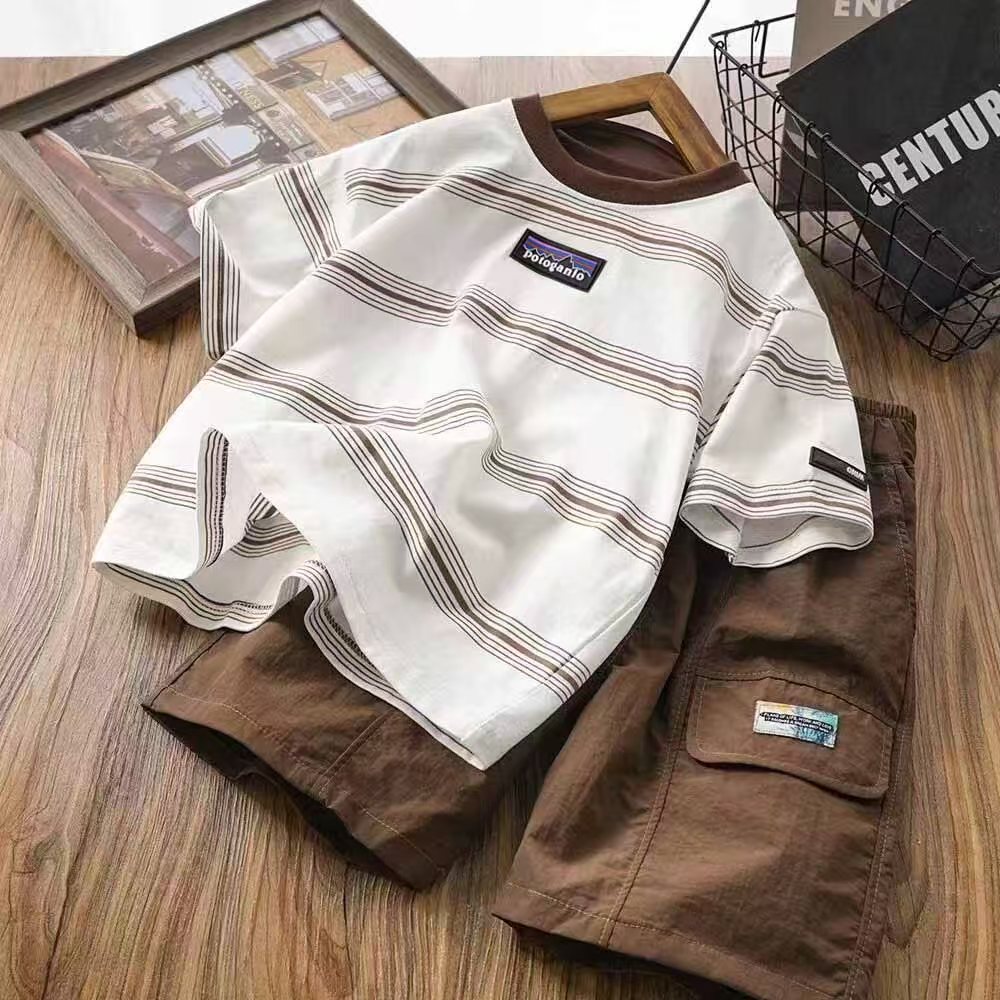 男童夏季条纹套装2025新款儿童套装男孩帅气T恤短裤两件套