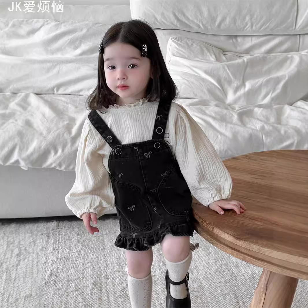 doudop轻奢春季套装韩版童装宝宝衣服女童灯笼袖娃娃衫牛仔背