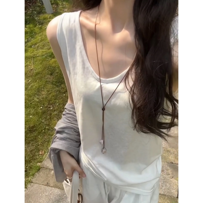 2025夏季新款韩系宽松慵懒风U领T恤衫打底吊带背心女无袖内搭上衣