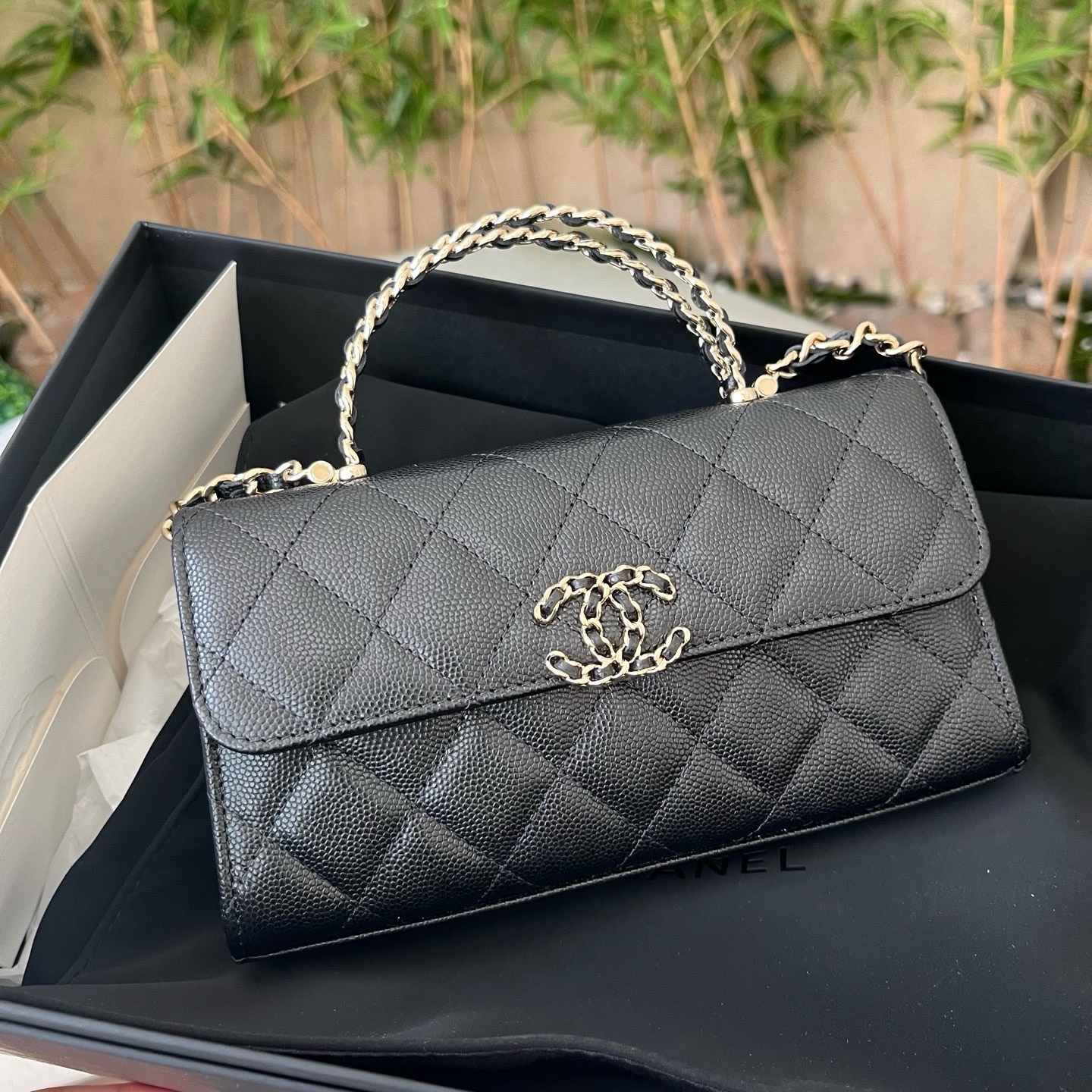 99新 Chanel/香奈儿 25S黑金荔枝牛交叉手柄横版Kelly斜挎包