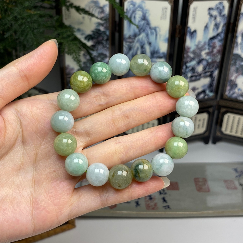 黄绿复古圆珠手串 天然翡翠A货  