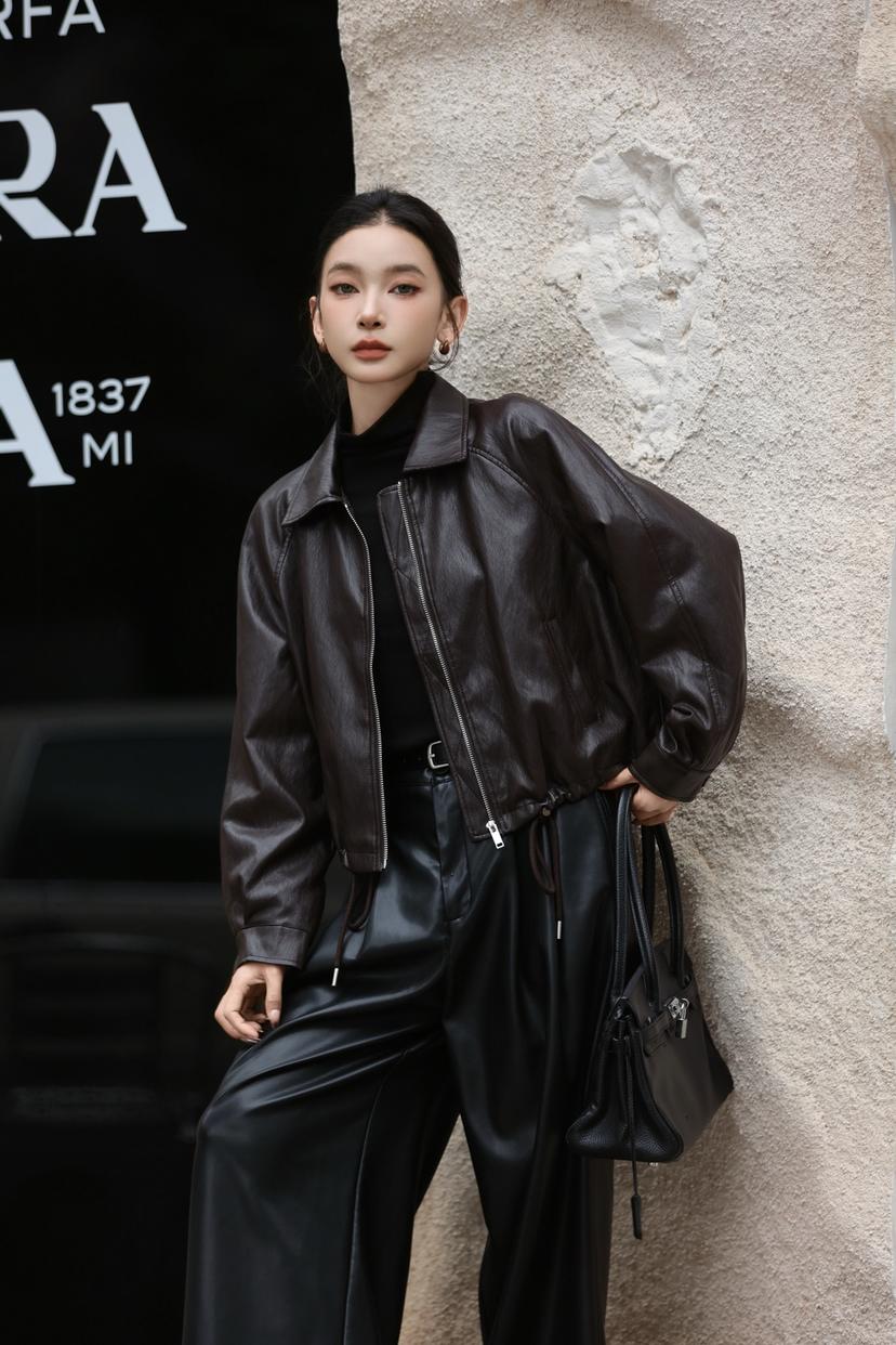 2025高品质女装爆款皮衣外套秋季方领拉链短款皮衣极简风工装风