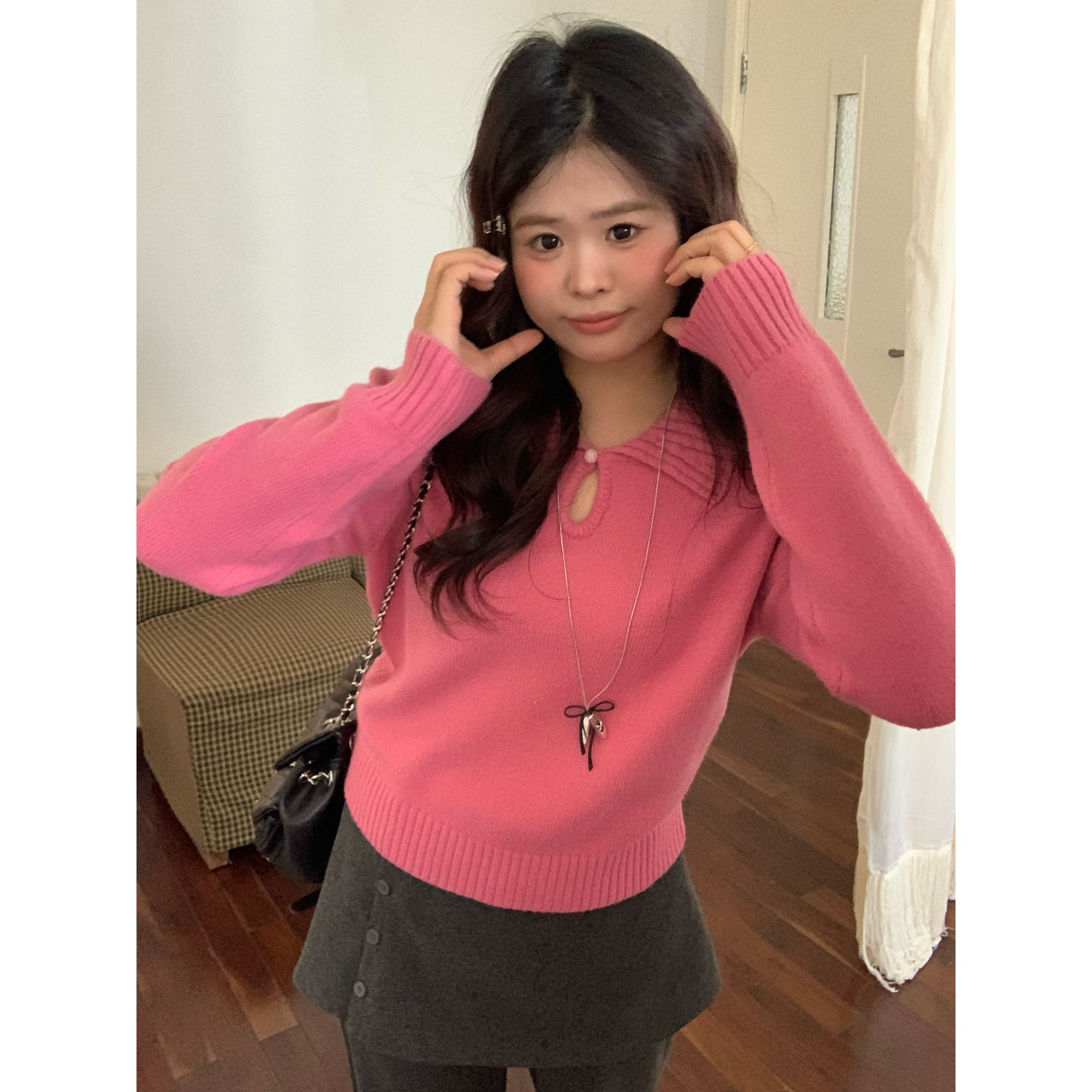 【酒心甜巧】大头婷丫丫微胖定制韩系软糯翻领纯色百搭上衣毛针织衫